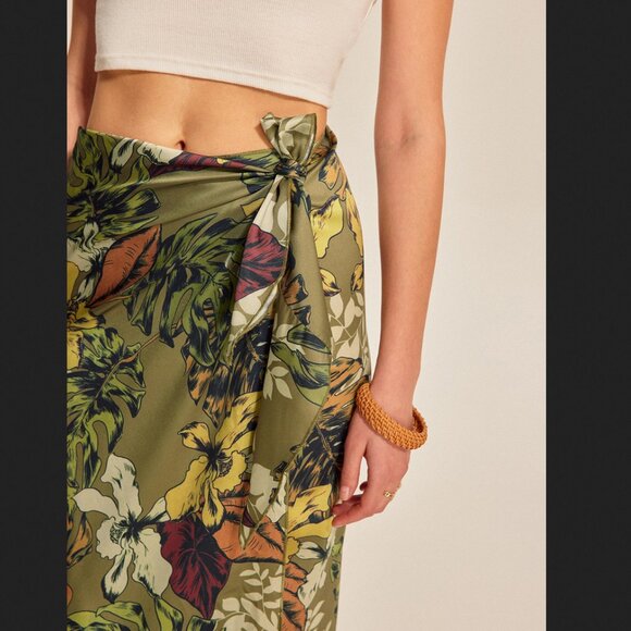 Commense Green Floral Print Tie Wrap Midi Skirt NEW NWT Summer Spring Vacation - Picture 3 of 3